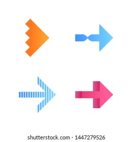 Rightward arrows flat design long shadow color icons set. Twisted, notched, striped next, forward. Navigation pointer sign. Motion signpost. Pointing symbol. Vector silhouette illustrations