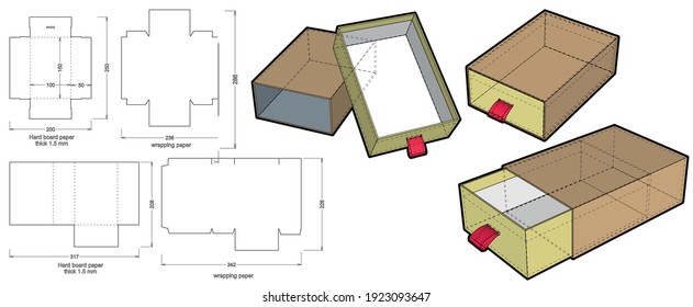 Rigid Box Drawer hard board paper thicknes 1.5mm (Internal measurement 10x15x5cm) and Die-cut Pattern. The .eps file is full scale and fully functional. Prepared for real cardboard production.