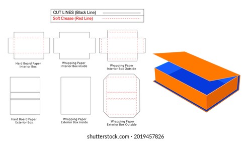 Rigid Box, Magnetic closer luxury 3 side cover rigid boxes dieline template and 3D box