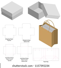 rigid box and paper bag set mockup with dieline