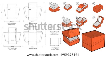 Rigid Box top and bottom hard board paper thicknes 1.5mm (Internal measurement 12 x 13+ 8 cm) and Die-cut Pattern. The .eps file is full scale and fully functional.