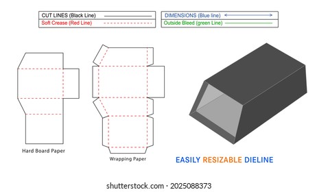 Rigid cover box or sleeve box dieline, die cut packaging template design with 3D box