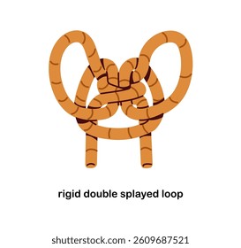Rigid double splayed loop in bight. Rope tying, sailing nautical knot. Strong cord, string structure, lace connection, link pattern. Flat graphic vector illustration isolated on white background.