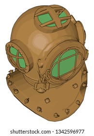 It is a rigid head metallic enclosed with a breathing gas supply used in under water diving by professional divers can be used with scuba equipment vector color drawing or illustration