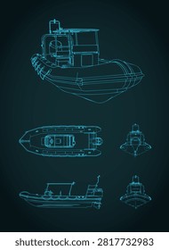 Rigid inflatable boat blueprints stylized vector illustration