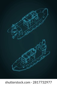 Rigid inflatable boat isometric blueprints stylized vector illustration