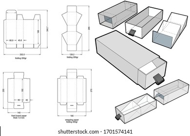 Rigid Sleeve Box (Internal measurement 15 x 6 + 4cm) and Die-cut Pattern. The .eps file is full scale and fully functional. Prepared for real cardboard production.