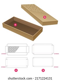 Rigid stenciled pattern tin and long box with lid die cut template and 3D mockup