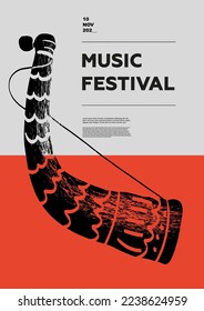 Rih, horn, Pipe. Music festival poster. Wind musical instruments. Competition. A set of vector illustrations. Minimalistic design. Banner, flyer, cover, print.