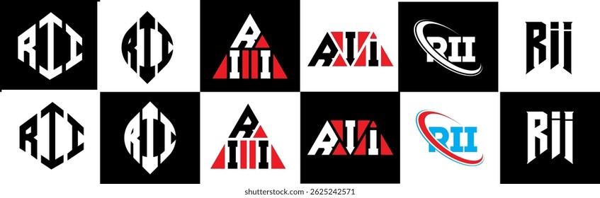 Design de logotipo de letra RII em estilo seis. Polígono RII, círculo, triângulo, hexágono, estilo simples e plano com logotipo de letra de variação de cor preta e branca definido em uma prancheta. RII minimalista e logotipo clássico