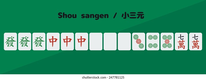Riichi mahjong (majiang) winning hand - Big three dragons (daisangen) (dragons: green, red, white, 3-5 dots, 7 characters)