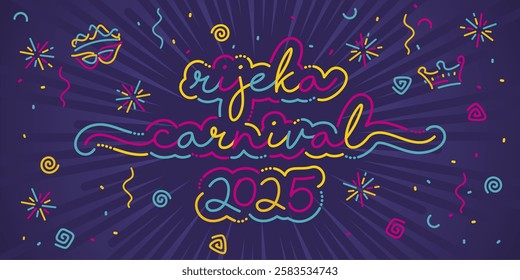 Rijeka Carnival 2025 new colorful handwriten line design calligraphy lettering typography. Rijeka Carnival title with colorful confetti ribons firework on purple background