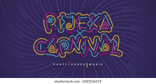 Rijeka Carnival 2025 new colorful handwriten line design typography. Rijeka Carnival logo title on purple background