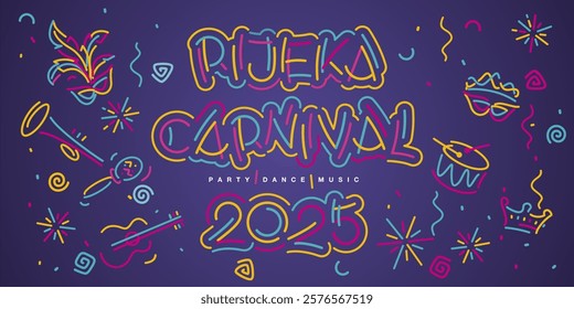 Rijeka Carnival 2025 new handwriten line design typography party dance music elements. Mask drums rattles guitar fanfare crown tiara flags ribbons sparkle firework confetti on purple background