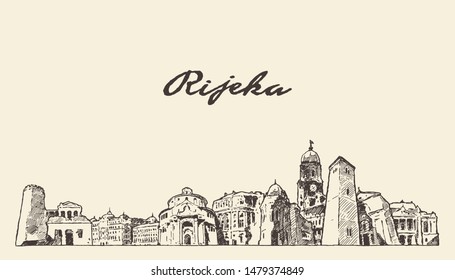 Rijeka skyline, Croatia, hand drawn vector illustration, sketch