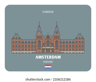 Rijksmuseum in Amsterdam, Netherlands. Architectural symbols of European cities. Colorful vector 