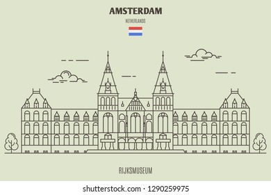 Rijksmuseum in Amsterdam, Netherlands. Landmark icon in linear style