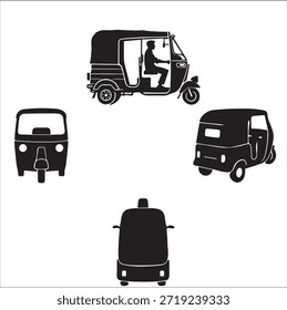 Iconos de Rikshaw en todos los ángulos en blanco y negro