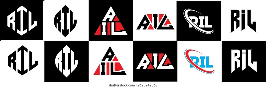 RIL letter logo design in six style. RIL polygon, circle, triangle, hexagon, flat and simple style with black and white color variation letter logo set in one artboard. RIL minimalist and classic logo