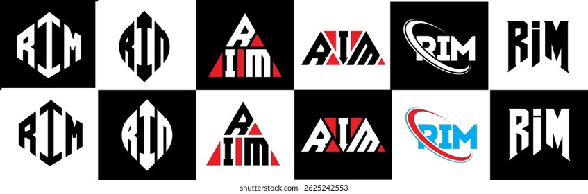 RIM letter logo design in six style. RIM polygon, circle, triangle, hexagon, flat and simple style with black and white color variation letter logo set in one artboard. RIM minimalist and classic logo