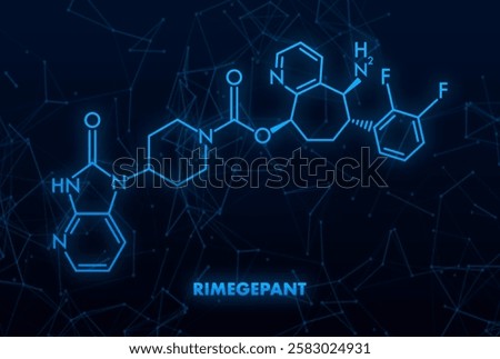 Rimegepant molecule structure with network connections forming a futuristic medical background