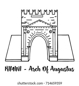 Rimini, Emilia Romagna, Italy: Arch of Augustus vector sketch, ancient romanesque gate of the city - historical italian landmark, the most ancient roman arch that still stands intact