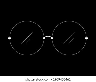 Rimless eyeglasses on black background with round lenses. Round glasses. Isolated vector illustration. Silhouette.