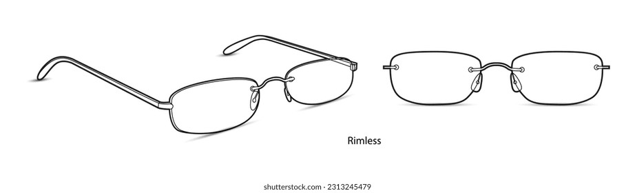 Rimless frame glasses fashion accessory illustration. Sunglass front and 3-4 view for Men, women, unisex silhouette style, flat rim spectacles eyeglasses with lens sketch outline isolated on white