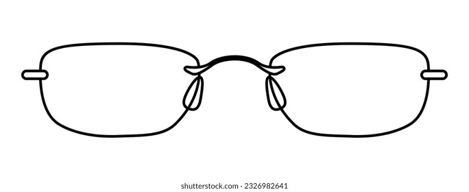 Rimless frame glasses fashion accessory illustration. Sunglass front view for Men, women, unisex silhouette style, flat rim spectacles eyeglasses with lens sketch outline isolated on white background