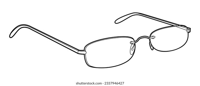 Rimless frame glasses fashion accessory illustration. Sunglass 3-4 view for Men, women, unisex silhouette style, flat rim spectacles eyeglasses with lens sketch outline isolated on white background