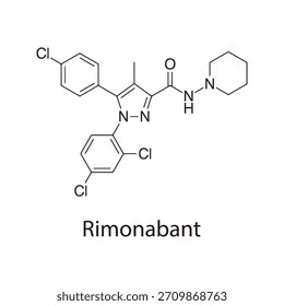 Estructura molecular de Rimonabant, fármaco antagonista del receptor CB1 cannabinoide, diagrama de Vector científico limpio, fórmula química esquelética