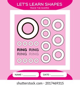 Ring. Basic geometric shapes. Elements for children. Learn Shapes. Handwriting practice. Trace and write. Educational children game. Kids activity printable sheet. Pink Background.