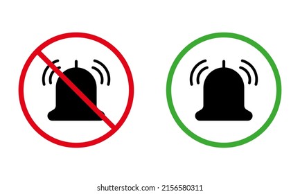 Ring Bell Black Silhouette Icon Set. Notice Silent Zone Red Forbidden Round Sign. Ring Phone Loud Volume Allowed Area Green Symbol. Attention Notification Off Mute Mode. Isolated Vector Illustration.