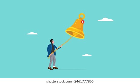 ring a bell, Get reminder notifications for new social media content by ringing the subscription bell, man pulls the notification bell chain to get a reminder concept vector illustration