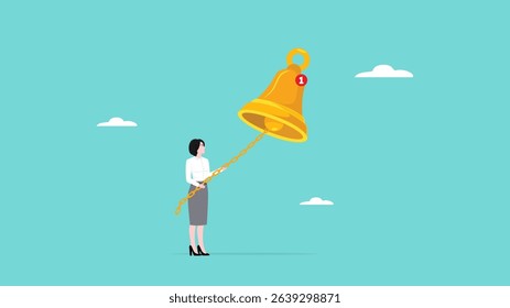 ring a bell, Get reminder notifications for new social media content by ringing the subscription bell, woman pulls the notification bell chain to get a reminder concept vector illustration