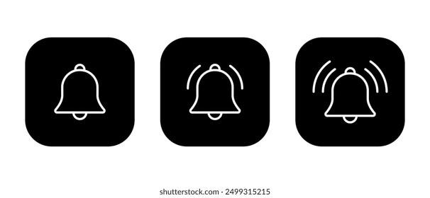 Ring bell icon set on black square. Notification button