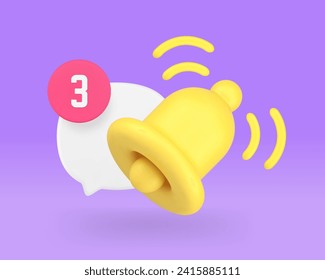 Ring bell incoming call chat notification with number quick tips internet alert 3d icon realistic vector illustration. New message inbox mailbox web communication reminder app button attention signal