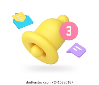 Ring bell incoming notification with number for online chat message 3d icon realistic vector illustration. Cyberspace interface alert warning badge web communication email inbox mail mailbox notice