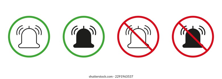 Ring Bell Red and Green Warning Signs. Loud Volume Area Line and Silhouette Icons Set. Allowed and Prohibited Silent Zone Pictogram. Notice Notification Off. Isolated Vector Illustration.