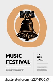 Ring of bells,  carillon,  zvon, bell. Music festival poster. Percussion musical instruments. Competition.  A set of vector illustrations. Minimalistic design. Banner, flyer, cover, print.