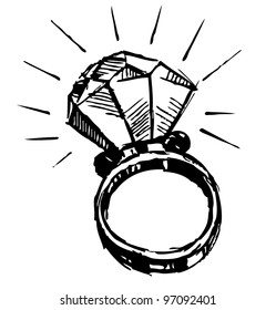 Ring with a big sparling diamond isolated on white background. Sketch vector illustration