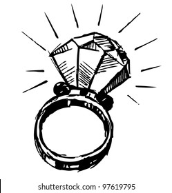 Ring with a big sparling diamond isolated on white background. Sketch vector illustration