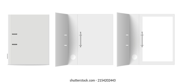 Ring binder empty, closed and with paper sheets inside, realistic mockup vector illustration isolated on white background. Three ring blinders or office folders.