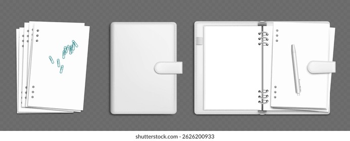 Pasta de fichário de anel mockup organizador de planejador pessoal - bloco de anotações branco ligado fechado com capas de couro protetoras e ligação em espiral, clipes de papel azul isolado em cinza. Conjunto de suprimentos de escritório de papelaria.