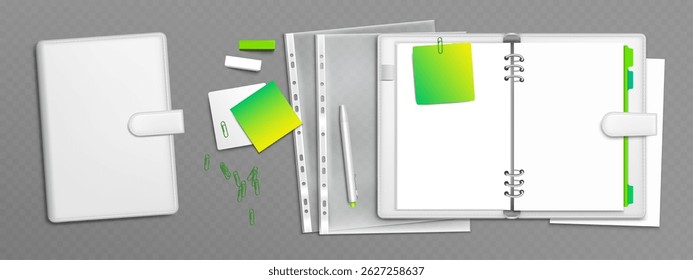 Ring binder folder set - realistic stationery mockup. Closed spiral notepads, open diary planner pages, sticky notes, metallic perforated rings and pen clips. Office supplies for branding identity.