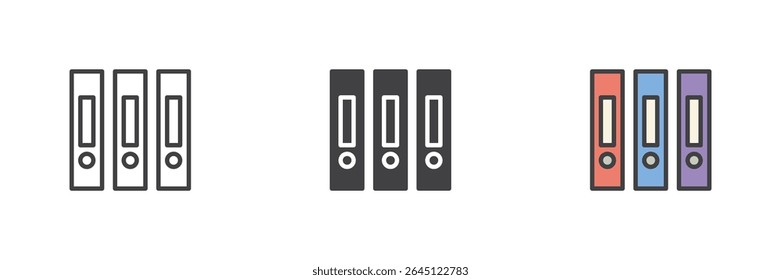 Ring binder folders icon set in three styles: line, solid, and colorful filled outline. Vector office archive or file storage symbol.