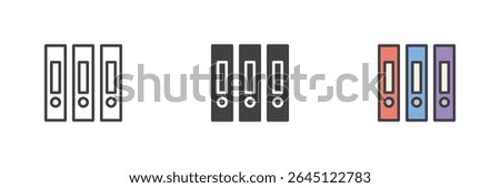 Ring binder folders icon set in three styles: line, solid, and colorful filled outline. Vector office archive or file storage symbol.