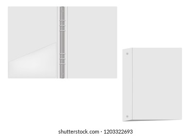 Ring Binder With Interior Pocket, Vector Mockup. Open And Closed Gray Folder With Metal Rings Isolated On White Background, Template