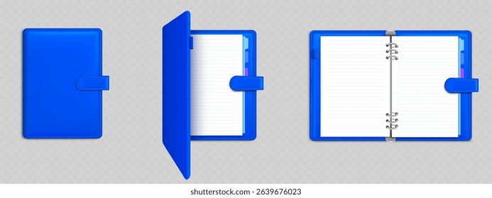 Ring binder notebook folder with blue leather cover and dividers mockup set - closed and open organizers with metal spiral binding. Realistic 3d stationery templates for corporate identity design.