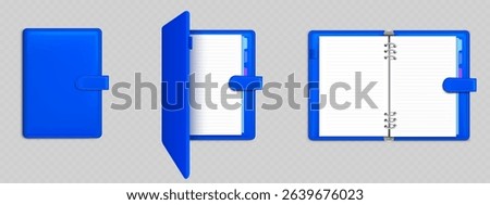 Ring binder notebook folder with blue leather cover and dividers mockup set - closed and open organizers with metal spiral binding. Realistic 3d stationery templates for corporate identity design.
